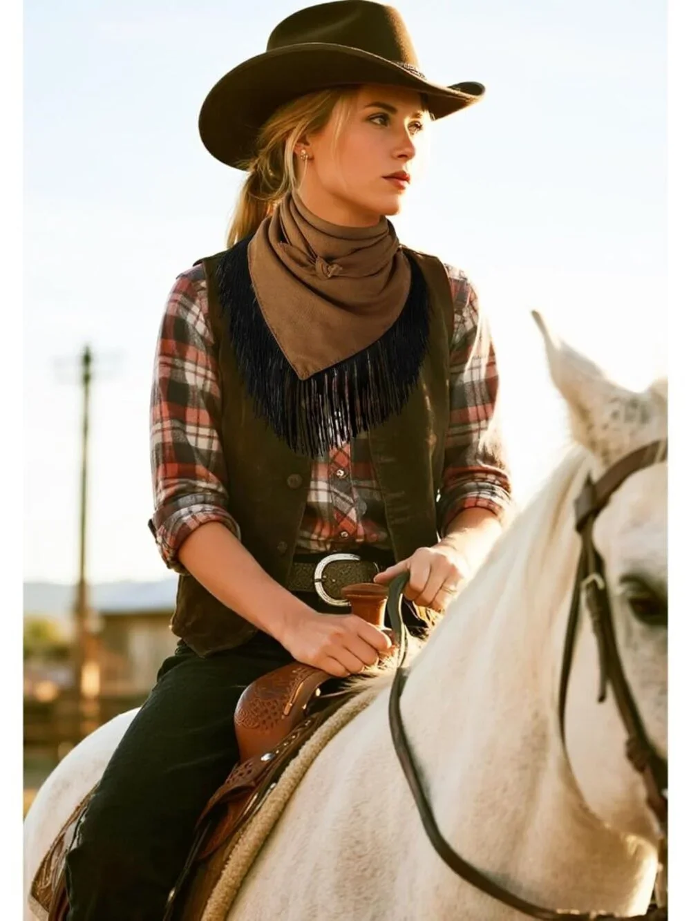 Women's Brown Triangle Wild Rag With Fringe Cowgirl Western Tassel Bandana Scarf